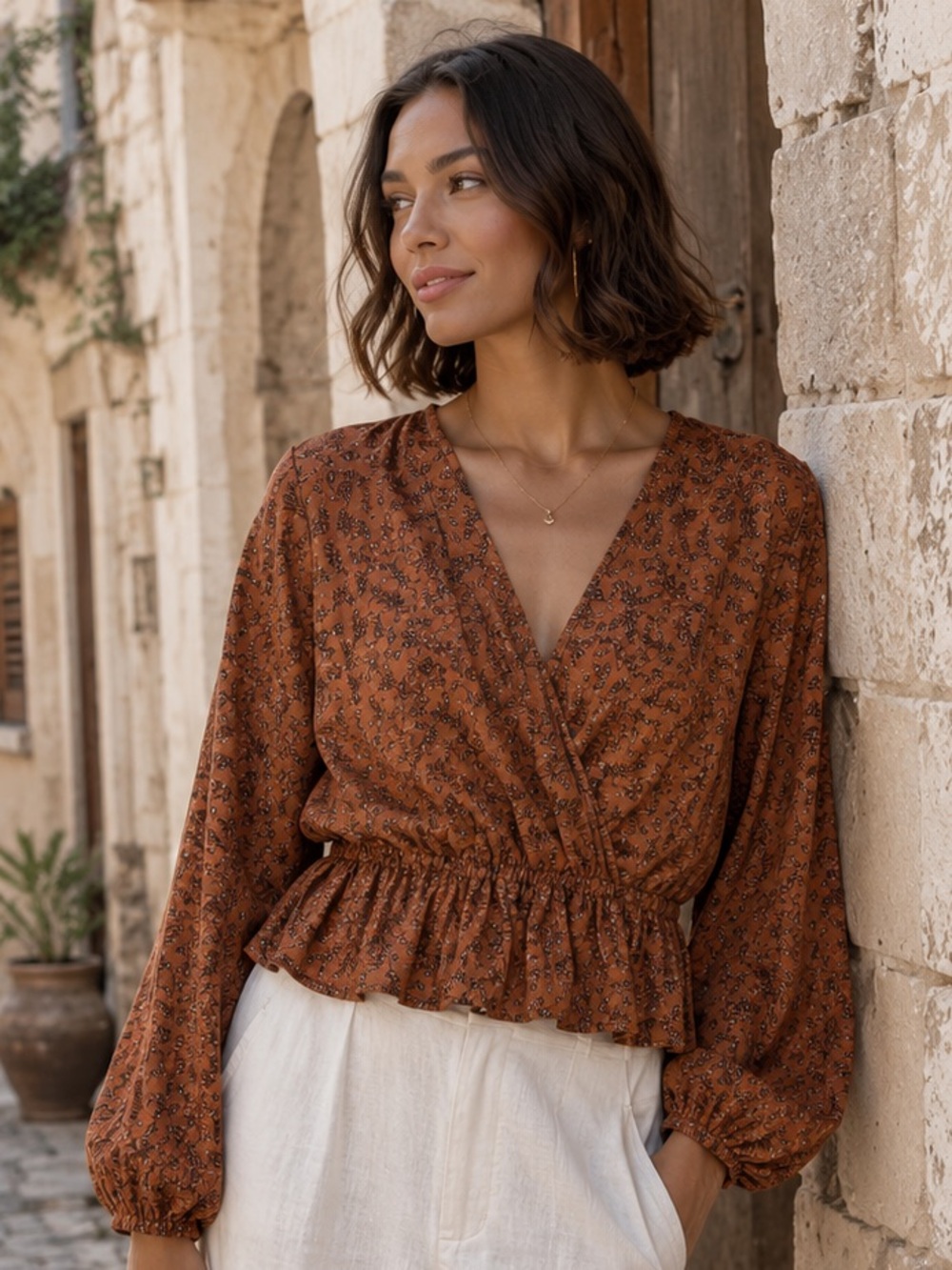 Final Touch Rust Brown Floral Blouse L Boho Cottagecore Peplum Prairie Top